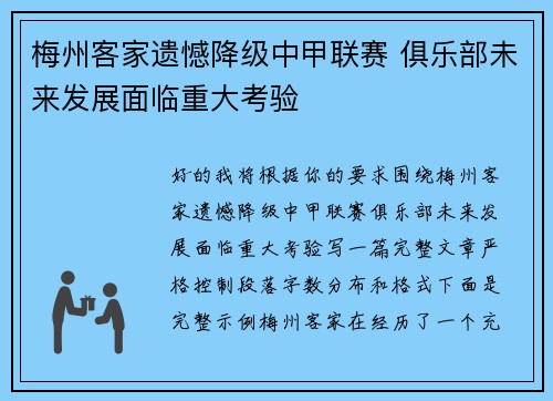 梅州客家遗憾降级中甲联赛 俱乐部未来发展面临重大考验