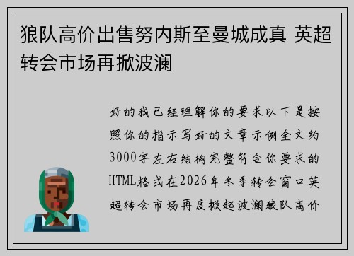 狼队高价出售努内斯至曼城成真 英超转会市场再掀波澜