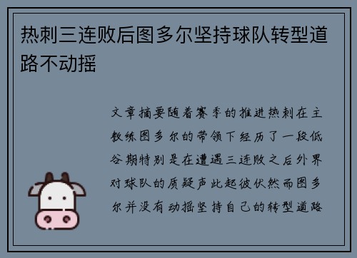 热刺三连败后图多尔坚持球队转型道路不动摇